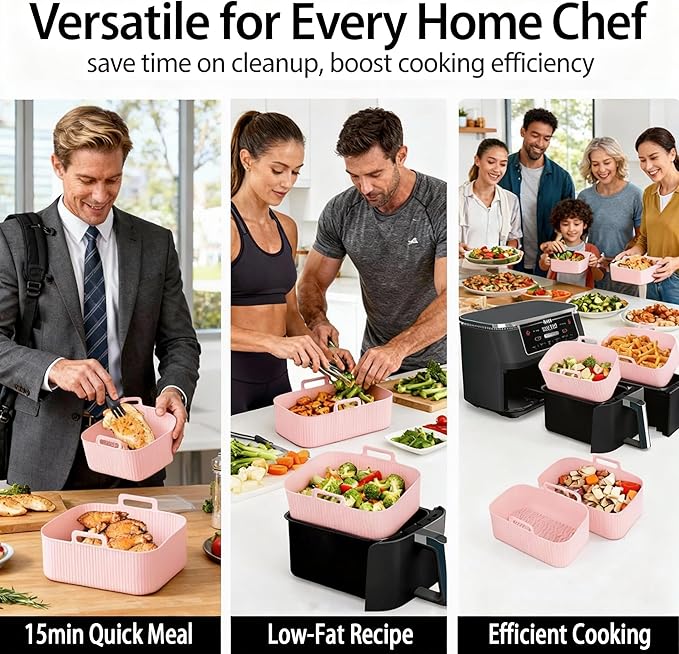 Silicone Air Fryer Liners for Ninja - Reusable DZ201 8QT Dual Basket - Rectangular 2-Pack Vacuum-Packed Easy-Clean Dishwasher-Safe Food-Safe for Home Chefs - Housewarming Gifts