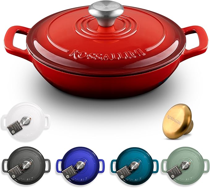 ROSSALLINI Signature Enameled Cast Iron Braiser, Non-Stick Serving Pot with Tight Fitting Lid for Perfect Roasting, Baking, Sauteing, Searing, and Pan Frying | 2.25Q (2.1L) - Red