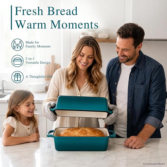 11x5 Inch Cast Iron Loaf Pan with Lid, Large Loaf Pans for Sourdough Bread Baking, Even Heat Distribution Dutch Oven Bread Pan for Homemade Bread, Meatloaf (5.8Qt, Teal)