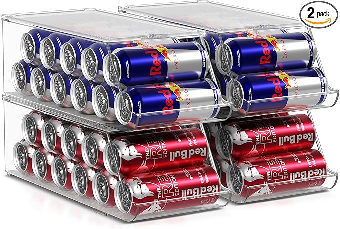 Sorbus Skinny Soda Can Organizer for Refrigerator - Stackable Slim Can Holder Dispenser with Lid for Fridge, Pantry, Freezer - BPA-Free, Clear Design, Drink Organizer for Fridge (4-Pack)