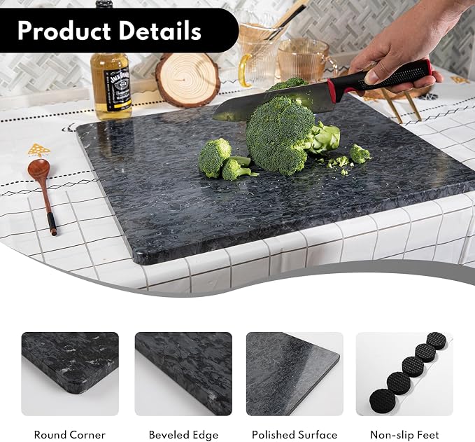 Lovdeco Marble Cutting Board, Pastry Board For Kitchen, Large Black Marble Slab Gift With Non-Slip Feets, 16x20 Inch, 1 Piece
