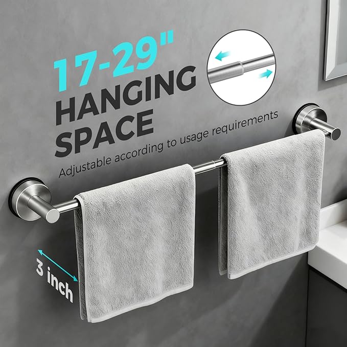 Adjustable Suction Cup Towel Bar for Bathroom Wall,17 Inch~29 Inch Towel Racks for Bathroom,Stainless Steel Bath Towel Holder for Shower,2 Pack(Brushed Silver)