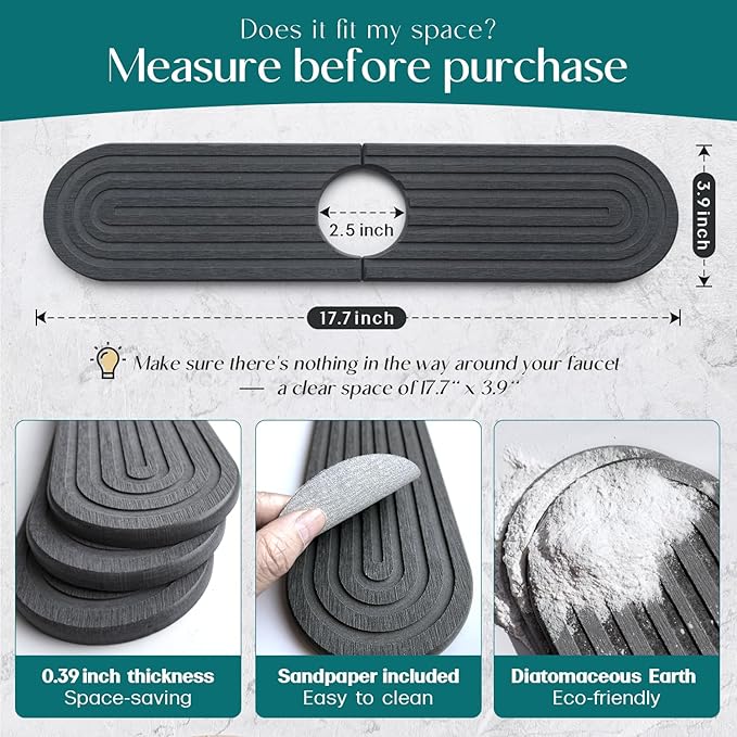 Dreatim Kitchen Faucet Absorbent Mat - Diatomite Stone Sink Tray, Quick Drying, Modern Design - Durable Faucet Drip Mat for Kitchen Sink and Bathroom Counter [17.7" x 3.9", Dark Grey]