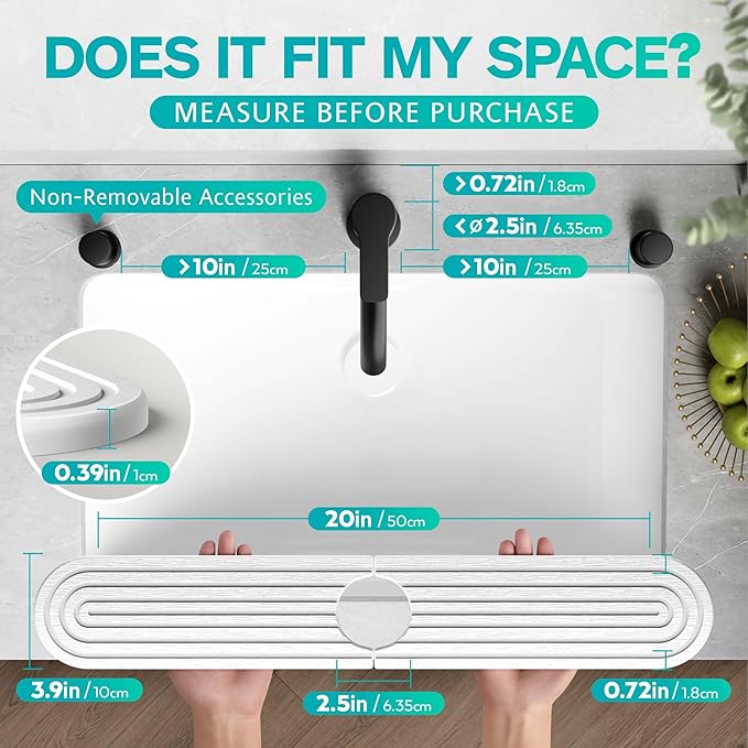 Stone Faucet Mat for Kitchen Sink – Diatomite Fast-Drying Stone Tray, Faucet Mat Sink Splash Guard, Decorative Sink Protector for Kitchen Bathroom Counter (Light Grey, 20''x3.9'')