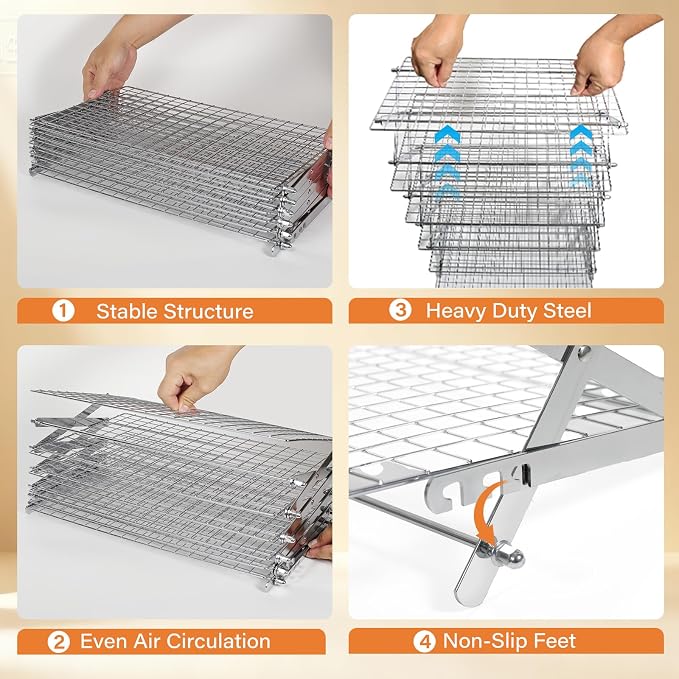 6 Tier Upgraded Collapsible Cooling Rack with Adjustable 3 Setting Design, Stackable Baking Rack with Clean Brush, Roasting Cooking Drying Wire Cooling Rack for Cookies Baking Roasting ＆ Grilling