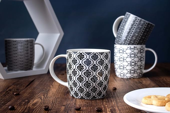 Set of 6 11.5 oz Coffee Mugs with Black and White Geometric Patterns, Ceramic Tea Cup Set