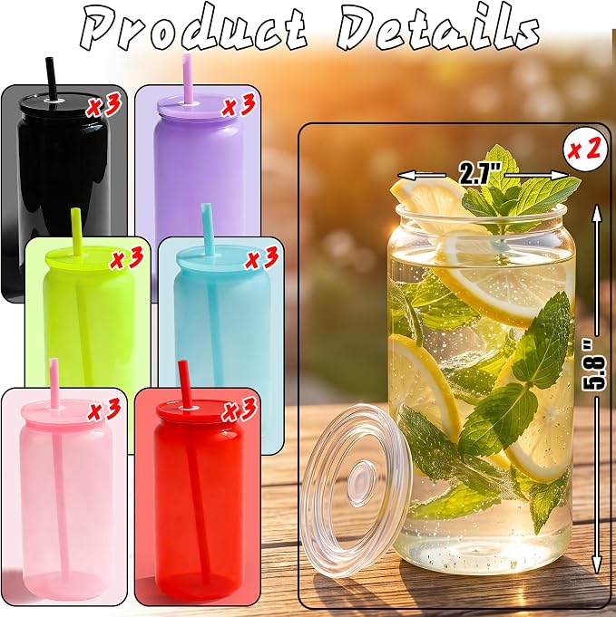 20 Pack Plastic Cups Reusable with Lids and Straws, 16 oz Acrylic Mason Jars Iced Coffee Cups Unbreakable Drinking Glasses for Poolside, Party Giveaways, Park Picnic, Jelly Color