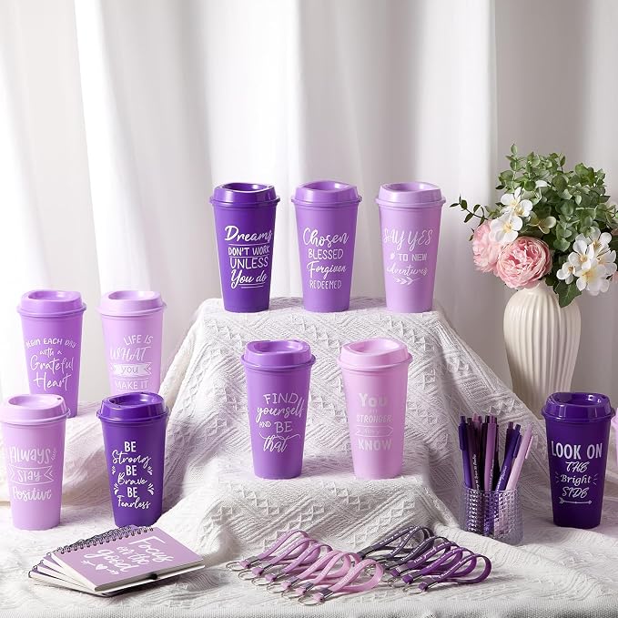 Skylety 12 Sets/48 Pcs Employee Appreciation Gifts 16oz Inspirational Plastic Cups Spiral Notebooks Ballpoint Pens Keychains Bulk Thank You Cup for Employee Coworker (Gradient Purple)