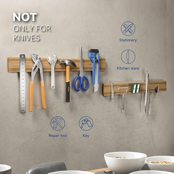 Magnetic Knife Holder for Wall, Acacia Wood Knife Magnetic Strip No Drill Knife Magnet Storage Bar Magnetic Tool Key Holder Strip for Kitchen Utensil Organizer (Light Brown, 24 Inch)