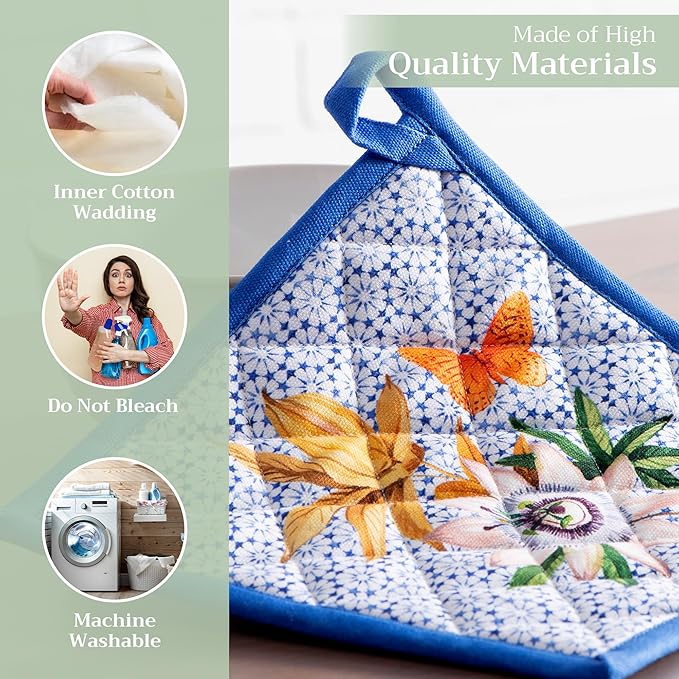 Maison d' Hermine Pot Holders 100% Cotton Heat Resistant Potholders 8" x 8" Hot Pads with Loop BBQ Cooking Baking Gifts for Mothers Day Handling Hot Pans Spring/Summer (Pack of 1, Passiflora)