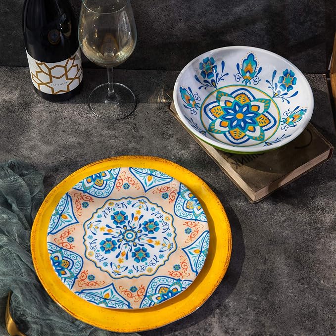 Melamine Dinnerware Set 12 Pcs Durable Dishware Colorful Plate Bowl Set Dishwasher Safe Shatter Proof Chip Resistant Not Microware Not Oven (Multicolor)