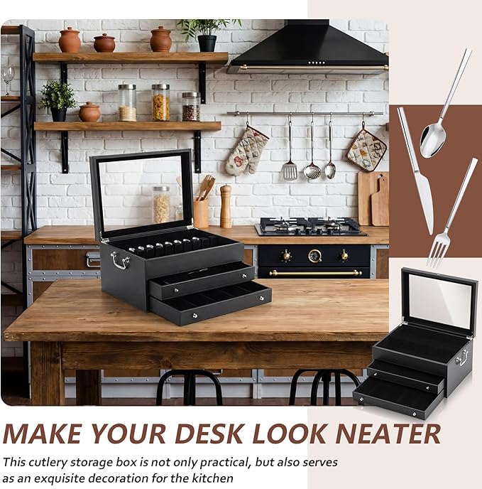 DoubleFill 3 Layer Leather Silverware Storage Box with Lid and Handles, Anti Tarnish Silverware Storage Chest Case with Felt-lined for 12-16 or More Sets of Utensils Flatware Gifts, 15.3x11.2x9 Inch