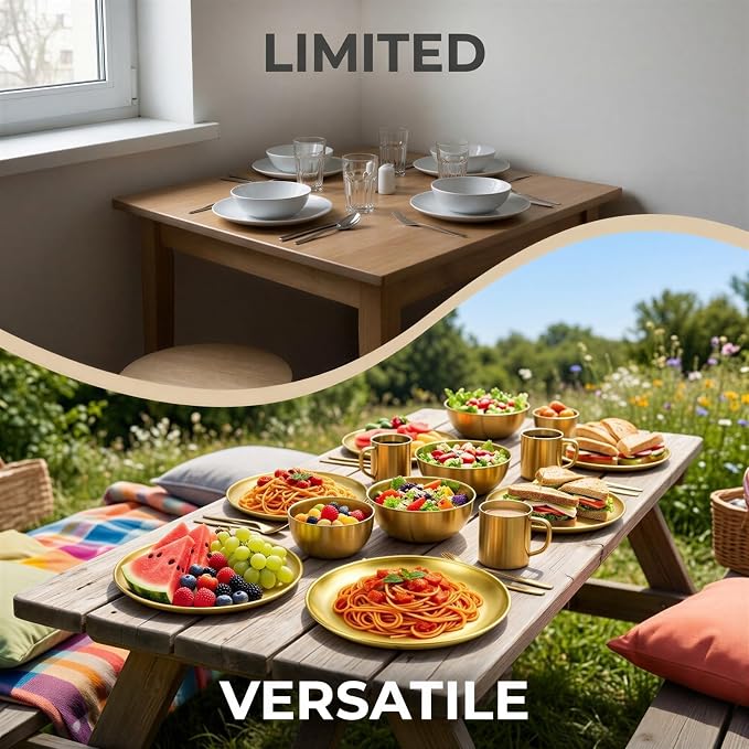 30PCS Stainless Steel Plates and Bowls Sets, Includes 6Set Plates, Beer Mugs, Salad Bowls, Gold Forks & Spoons, 304 Reusable Camping Mess Kits for Home Kitchen, Dorm and Outdoor Picnic (Gold-B)