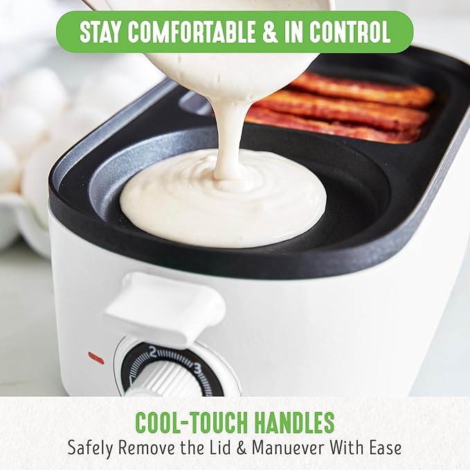 GreenLife 3-in-1 Breakfast Maker Station, Healthy Ceramic Nonstick Dual Griddles for Eggs Meat Sausage Bacon Pancakes and Breakfast Sandwiches, 2 Slice Toast Drawer, Easy-to-use Timer, White