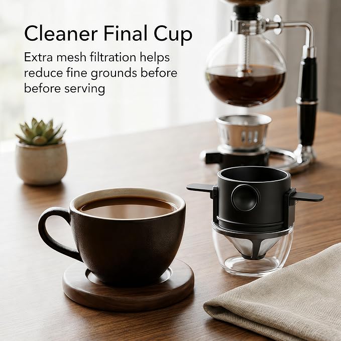 Siphon Coffee Maker, 20 oz Vacuum Brewer with Mesh Filter | Extra-fine mesh filter for cleaner final pour, borosilicate glass, hands-on siphon brewing, rich small-batch coffee