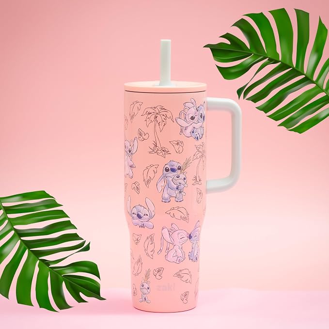 Zak Designs Disney Sutton Travel Tumbler for On the Go, 30oz Stainless Steel with Vacuum Insulation, Silicone Straw, and Carry Handle for Cold Drinks (Stitch, Angel)