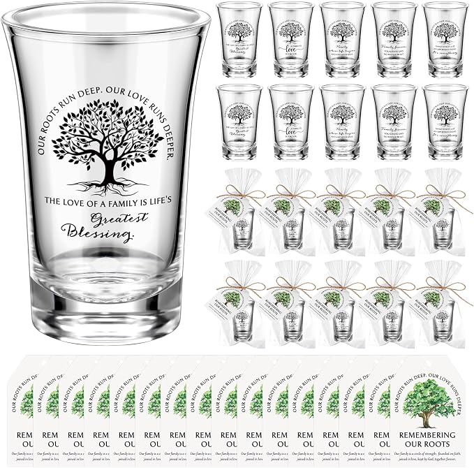 Roshtia 100 Sets Family Reunion Party Favors 5 Styles Adult Family Tree Acrylic Shot Glasses with Inspirational Card and Bag Adult Reunion Gifts