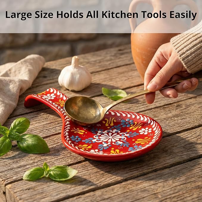 BCS Ceramic Spoon Rest, Large 9” Hand Painted Spoon Holder for Stove Top & Kitchen Counter, Dishwasher Safe & Heat Resistant Utensil Holder, Floral Kitchen Decor, Handmade Pottery