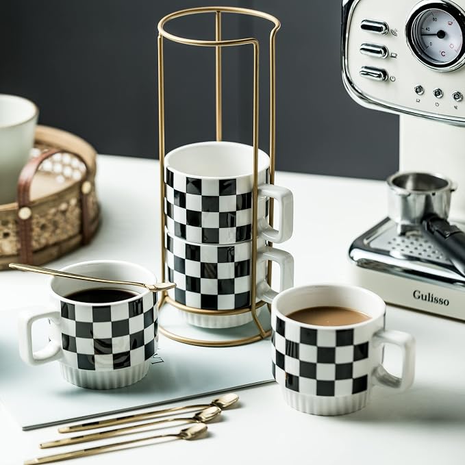 Miamolo Stackable Coffee Mug Set of 4 with Rack 11 oz Tea Cup Set with Little Spoon for Coffee Tea Cocoa Milk, Father's Day,Checkered Black and White Pattern Coffee Mug for Housewarming Gift