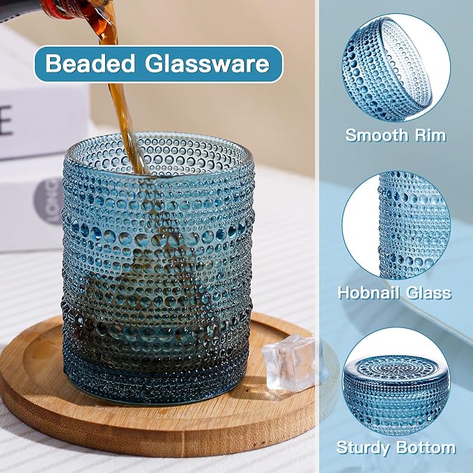JOVGANK Colored Vintage Hobnail Drinking Glasses Set of 6, Embossed Water Tumbler 12oz, Kitchen & Bar Beaded Glass Cups, Beverage Glass Cups for Water, Beer, Juice, Housewarming Gift