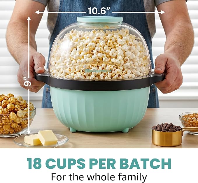 Elite Gourmet 4.5Qt. Stirring Popcorn Maker with Ceramic Coated Plate, Stirring Rod, Clear Cover Doubles as Serving Bowl, Butter Melting Tray, Up to 18 Cups, Makes Fresh Buttery Popcorn, Mint