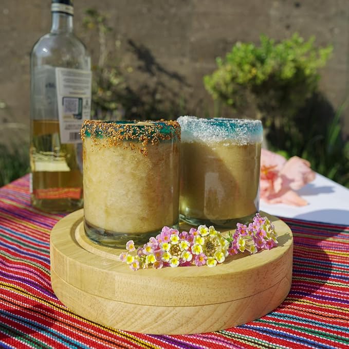 Aqua Blue Rim Hand Blown Tumbler Glasses Set of 6 | 10 oz Mexican Glassware | Recycled Glass | Hand Blown Mexican Drinking Glasses for Cocktails, Wine & Tequila