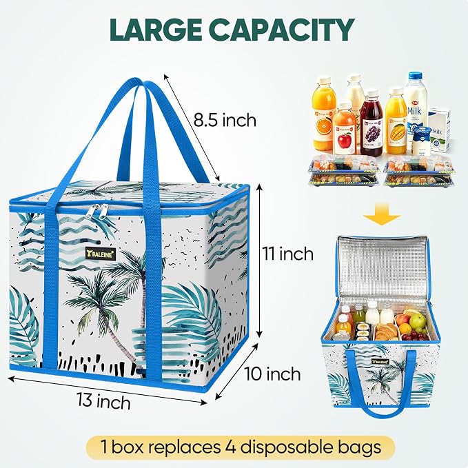BALEINE 3Pk Insulated Reusable Grocery Bags, Foldable Shopping Bags for Groceries with Reinforced Bottom & Handles (Island Breeze)