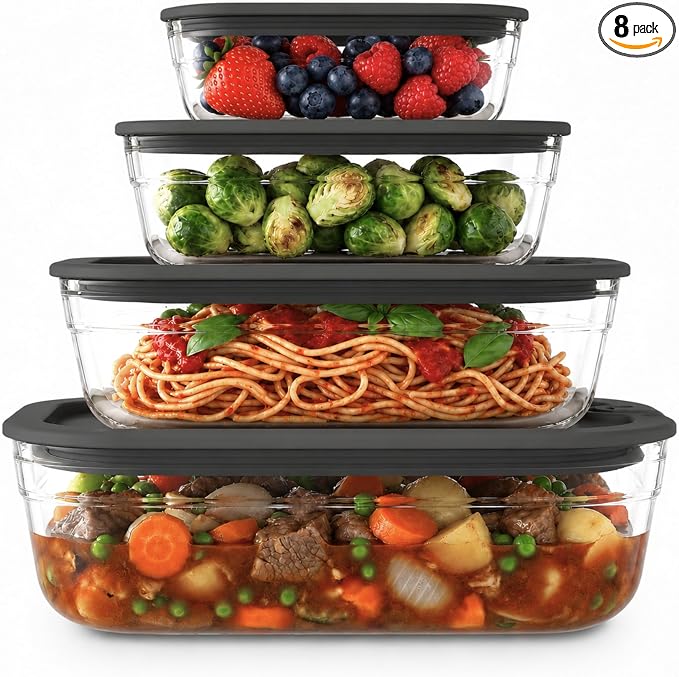 Naked Kitchen 8-Piece Food Storage Containers with Lids – Nesting Borosilicate Glass Meal Prep Containers with Leak-Proof Airtight Seal – BPA Free, Microwave, Oven, Freezer & Dishwasher Safe – Black