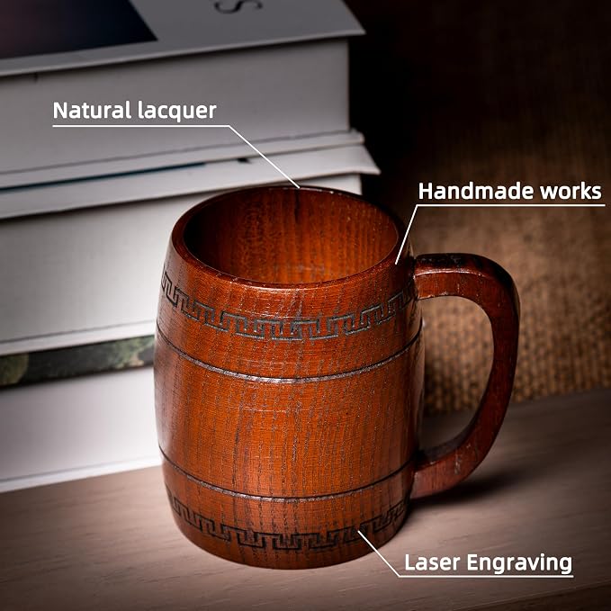 Wooden Beer Mug for Man Woman - 2 pcs Vintage Beer Viking Stein Cups, 12 oz Handmade Wood Camping Barrel Gift for Dad Friend Family Drink Coffee Tea