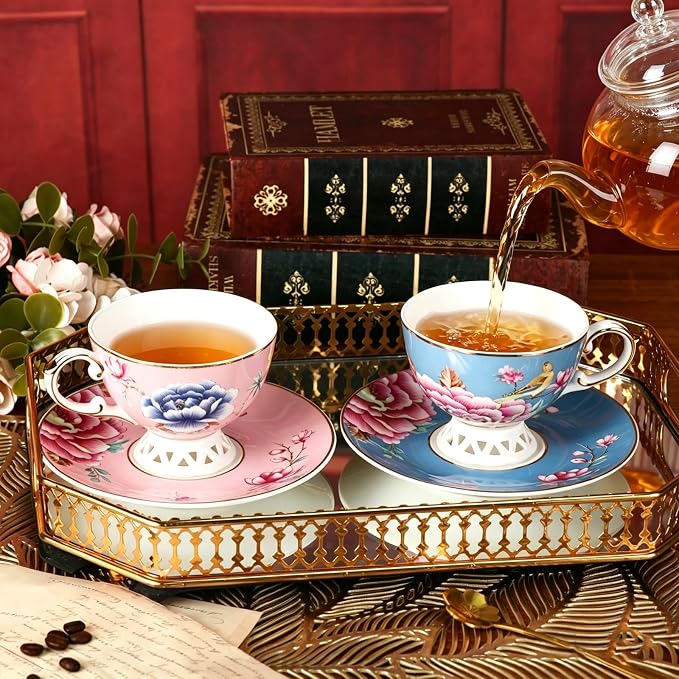 KAMMAK Tea Cups and Saucers Set of 2, Fine Bone China Coffee Cups, Stackable Espresso Mugs, Ceramic Demitasse for Coffee, Cappuccino, Latte, Americano, Tea, Blooming Flowers (Blue + Pink)