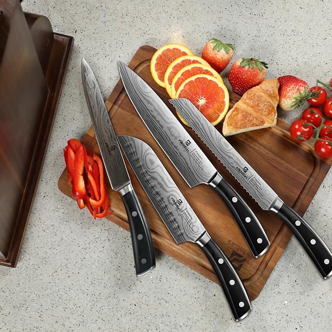 Piklohas Knife Sets for Kitchen with Block, 17 Pieces with Magnetic Knife Holder, German High Carbon Stainless Steel Damascus Pattern Chef Knife Set, Ideal for Gift