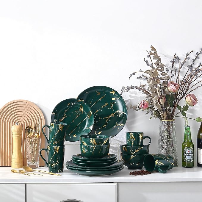 Microwave Safe Porcelain Green and Gold Dinnerware Set for 4 – 16 Piece Stackable Plates and Bowls Sets with Gold Accents