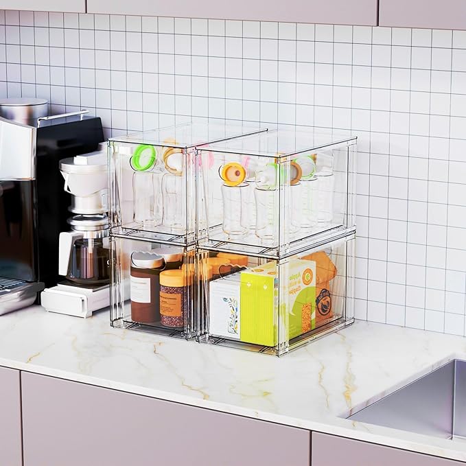 Yieach 4 Pack Large Stackable Storage Drawers,Clear Acrylic Drawer Organizers and Baby Bottle Organizer for Countertop,Cabinet,Bathroom,Pantry,Office Closet Organizers and Brightroom Storage Bins