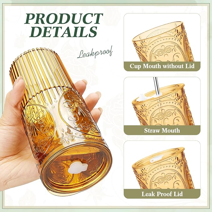 4 Set 20oz Vintage Plastic Tumbler with Lids and Straws Ribbed Floral Drinking Glasses Reusable Iced Coffee Cups for Water Juice Smoothie Cocktail Travel Party Events Gift (Amber)
