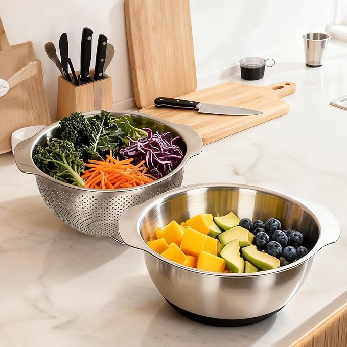 304 Stainless Steel Colander, 2.5 QT Capacity and 2.5 QT Mixing Bowl, Micropore Strainer for Washing Rice, Fruit, and Veggies, Perfect Draining for Cooked Pasta