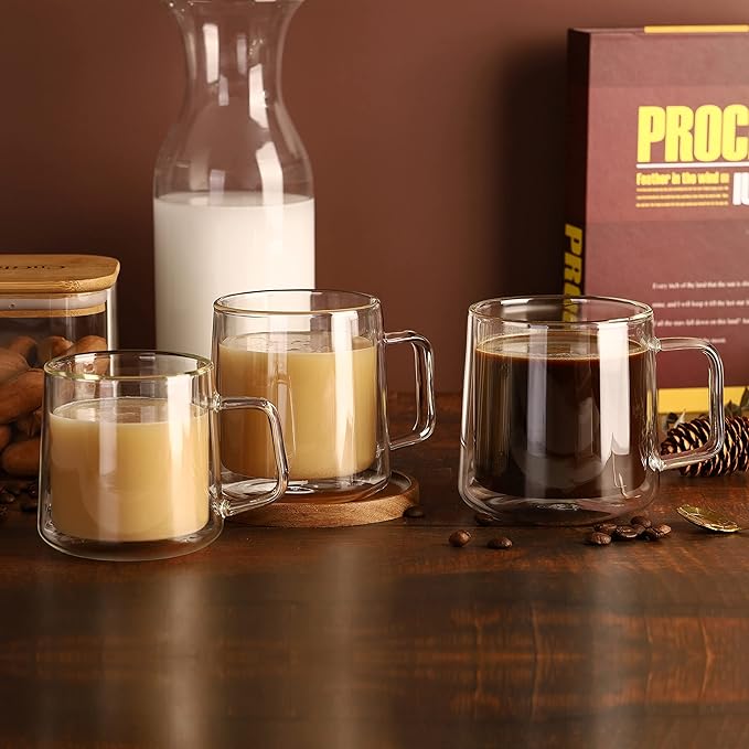 CNGLASS 10oz Glass Coffee Mugs,Double Wall Insulated Glass Mugs with Handle,Clear Espresso Mug for Latte,Cappuccino,Tea Bag,Set of 2