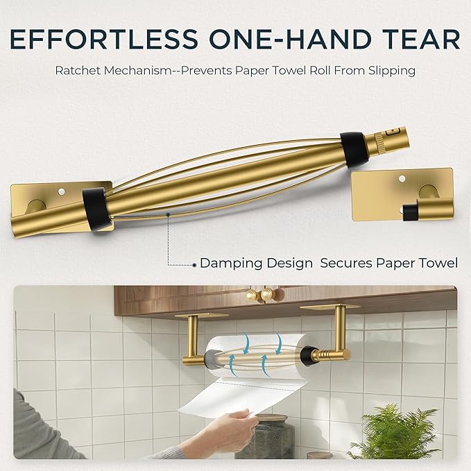 FORIOUS Paper Towel Holder Under Cabinet, Single Hand Operable with Adjustable Damping for Easy Tear, Adhesive or Drill Wall Mount, 304 Commercial Paper Towel Holder for Kitchen Bathroom, Brushed Gold