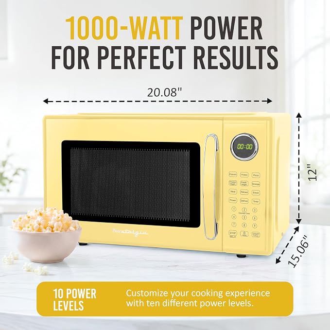Nostalgia Modern Retro Compact Countertop Microwave Oven - 1.1 Cu. Ft. - 1000-Watts with LED Digital Display - Child Lock - Easy Clean Interior - Yellow