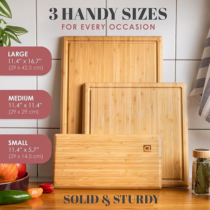Chorus Bamboo Cutting Board Set with Juice Groove (Set of 3) - Luxury Organic Wood Chopping Board for Kitchen, Wooden Cutting Board for Meat (Butcher Block), Vegetables, Cheese