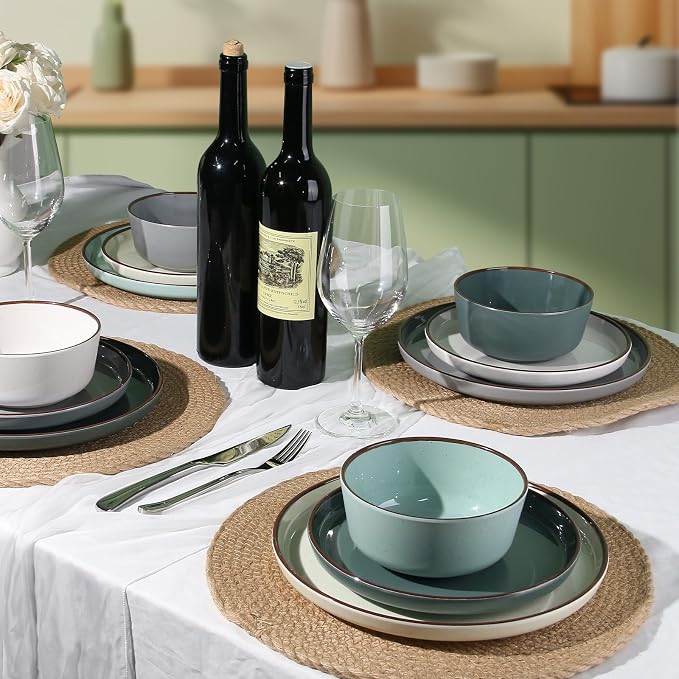 Melamine Dinnerware Set 12 Piece for 4, Green Spray Dots Unbreakable Plates and Bowls with Dark Brown Rim, Lightweight Durable Dishware for Camping Picnic Party