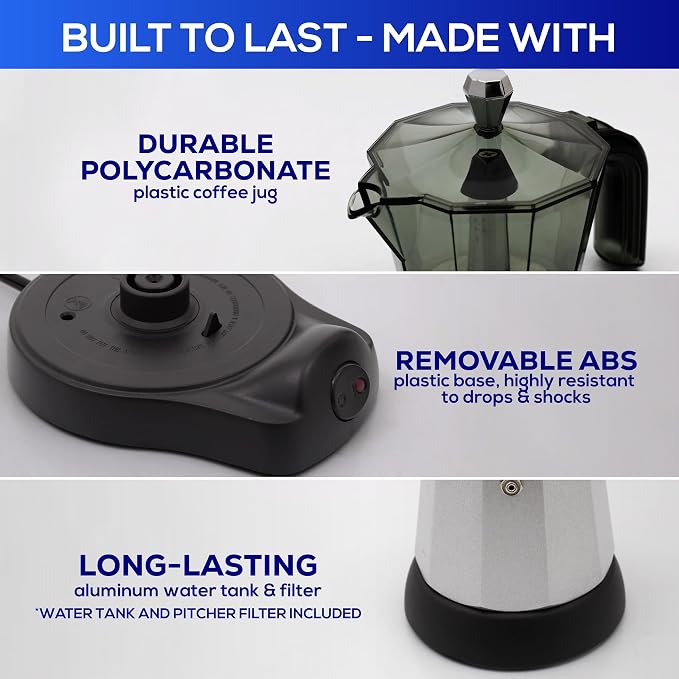 universal Electric Moka Pot 6 Cup (300ml), Cuban Coffee Maker 480W, Portable Espresso Maker with Detachable Base, Easy One-Touch Brewing, No Stove Needed
