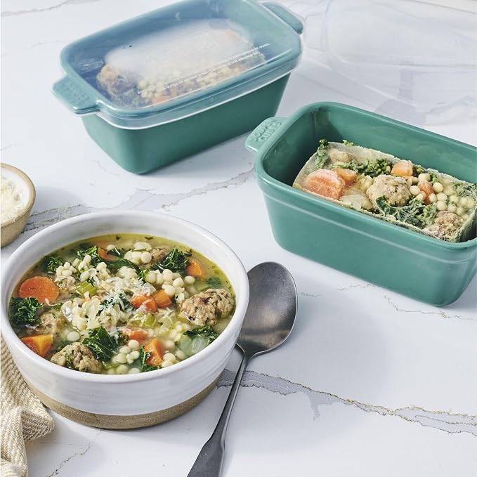 Souper Cubes Stoneware - Small Ceramic 5" x 3" Baking Dish with Silicone Covers, Small Baking Dishes for Oven Perfect for Reheating Single Serve Portions, Set of 4 - Kale