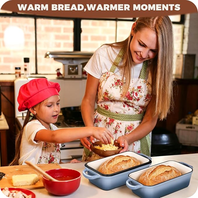 Cast Iron Bread Loaf Pan with Lid, Enameled 9x5 Loaf Pans for Baking Bread, Set of 2 for Homemade Bread & Sourdough, Sea Salt