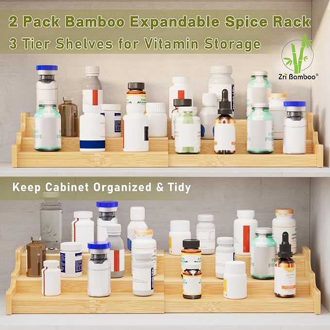 2 Pack Spice Rack Organizer for Cabinet - 3 Tier Bamboo Expandable Display Shelf for Seasoning Storage in Kitchen Pantry
