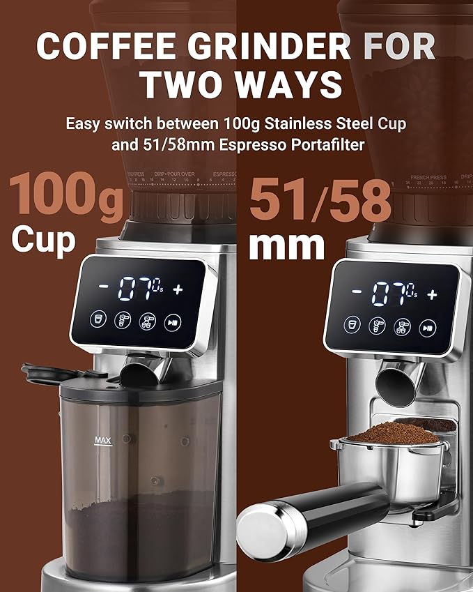 AMZCHEF Coffee Grinder, Coffee Bean Grinder for Home Use with Precise Grinding, LED Control Panel, Detachable Funnel Stand, Anti-static Design, 48 Grind Settings, Metallic Silver
