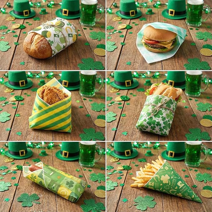 Reallnaive 300 Pcs St. Patricks Day Wax Paper Sheets 12 x 12 Inch Green Shamrock Parchment Deli Tissue Paper Sandwich Wrapping Sheets Food Basket Liners for Kitchen Restaurant Baking Supplies, 6 Style