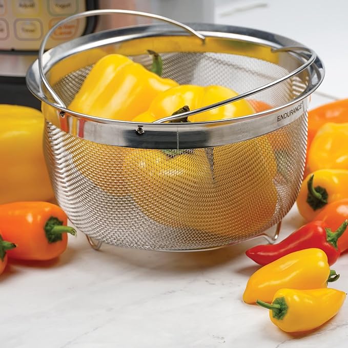 RSVP International Mesh Colander Strainer Basket with Folding Handles, 3 Quarts | For Pasta, Frying, & Salads | Dishwasher Safe | Use in Pressure Cookers | Steaming, Draining & Rinsing (Pack of 4)