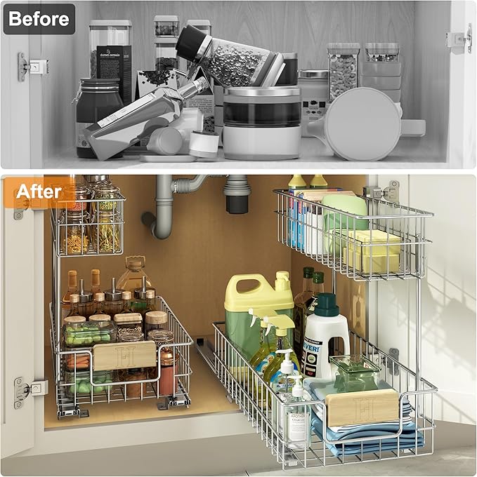 RITSU Pull Out Cabinet Organizer, Under Sink Slide Out Storage Shelf with 2 Tier Sliding Wire Drawer, Sliding Storage for Inside Kitchen Cabinet- 11.5 in. W x 21.5 in. D (Left)