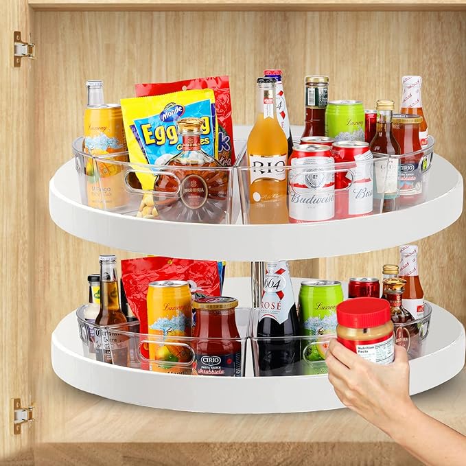 URALFA Lazy Susan Organizers Set of 4, 10"x 9.5"x 4" Corner Cabinet Organizer, Plastic Transparent Kitchen Cabinet Storage Bins with Handle, 4" Deep Container, 1/8 Wedge - Food Safe, BPA Free