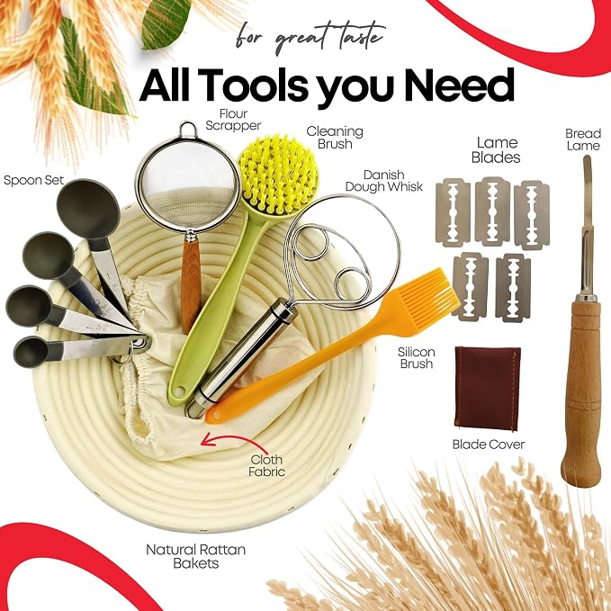 Sourdough Starter Kit for Beginners, Complete Bread Making Kit with Banneton Proofing Baskets, Glass Starter Jar, Scoring Lame & Tools, Easy Homemade Artisan Bread Baking Set